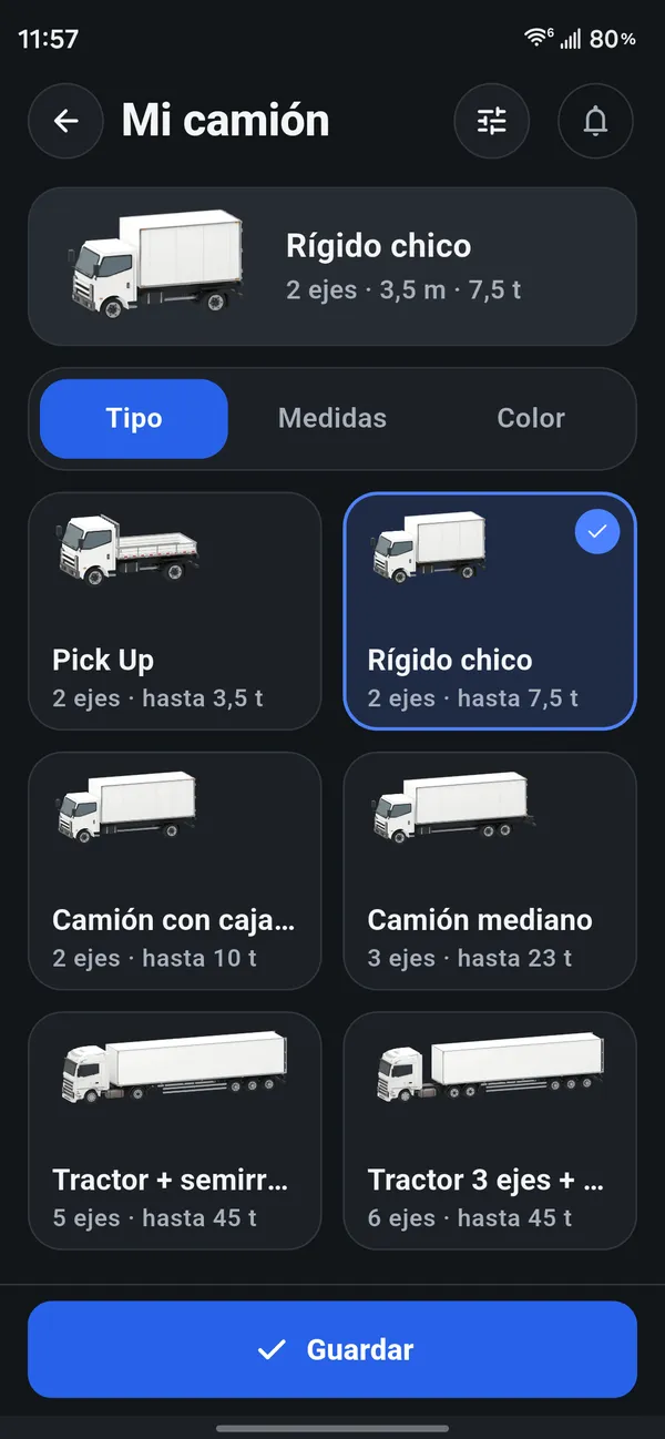 Tela Meu caminhão, no modo escuro, com medidas de exemplo.
