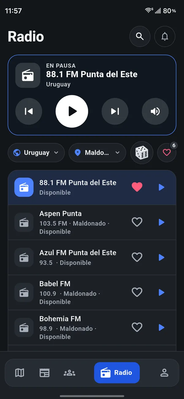 Tela Rádio com emissoras de exemplo.